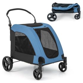 4 Wheels Extra Large Dog Stroller Foldable Pet Stroller with Dual Entry (Color: Blue)